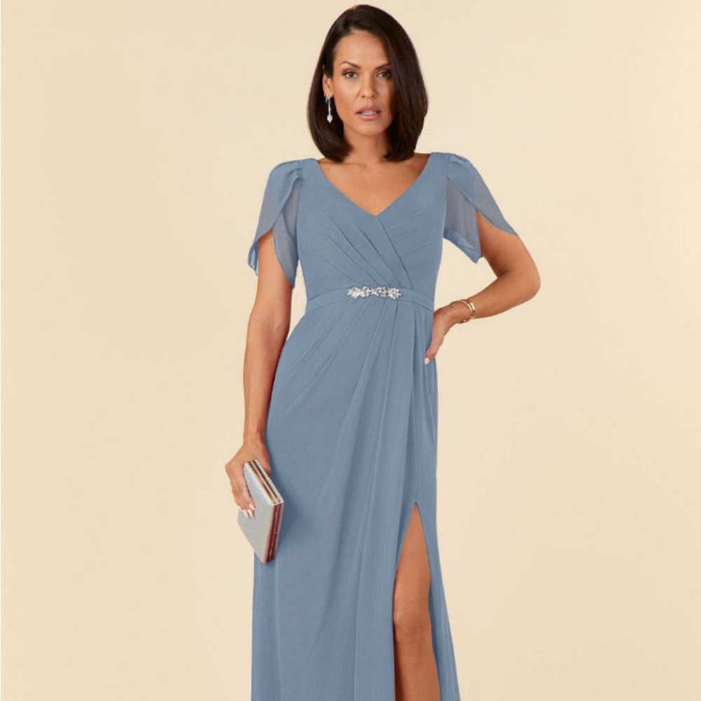 Azazie Sheath V-neck Pleated Chiffon Floor-Length Dress in Dusty Blue.